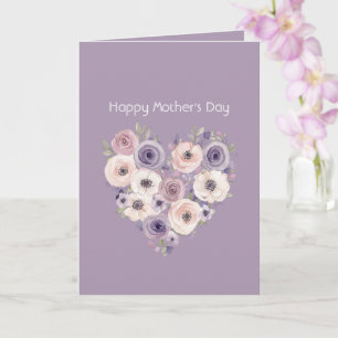 Carte Rose Violet Blanc Floral Cœur Fête des Mères