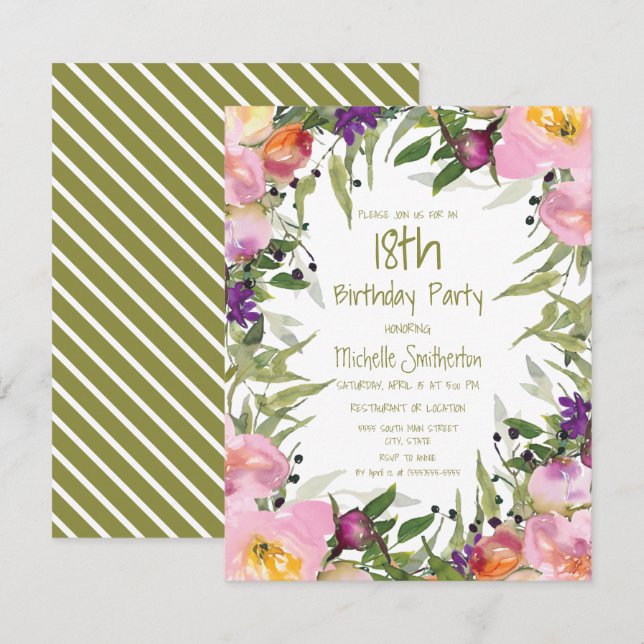 Carte Rose violet Floral Vert Feuilles 18e anniversaire (Devant / Derrière)