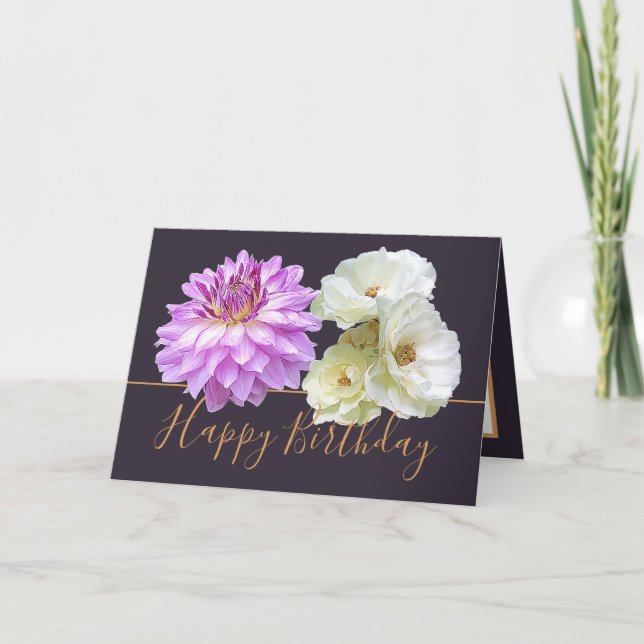 Carte Roses blanches et bouquet floral rose Dahlia Anniv (Devant)