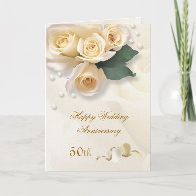 Carte Roses de crème de pêche, coeur 50e anniversaire Ma (Devant)