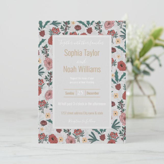 Carte Roses de Noël Berries Floral Grey Motif (Debout devant)