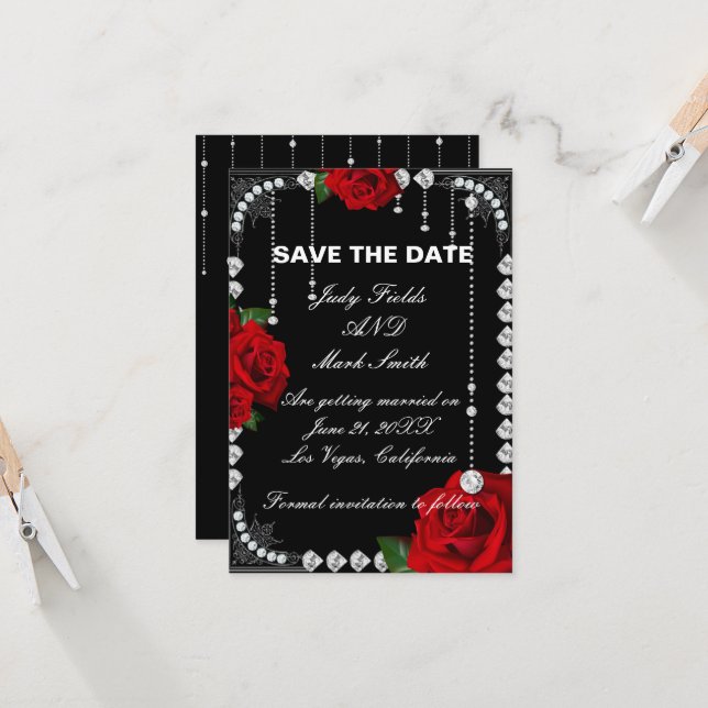 Carte Roses Et Diamants Rouges Romantiques Sauvez La Dat (Devant/Arrière en situation)