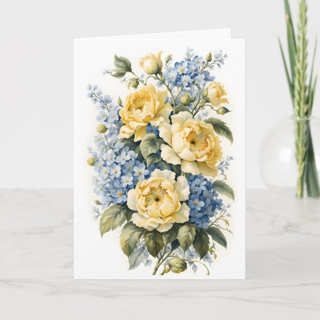 Carte Roses Jaunes Bleu Oublier-Moi-Pas Anniversaire (Devant)