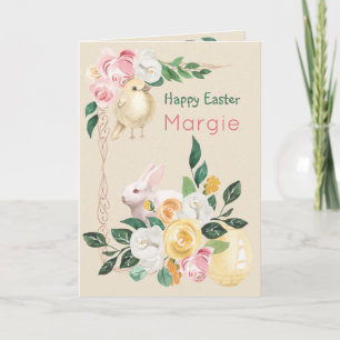 Carte Roses, lapin et oeuf d'or Personnalisé Pâques
