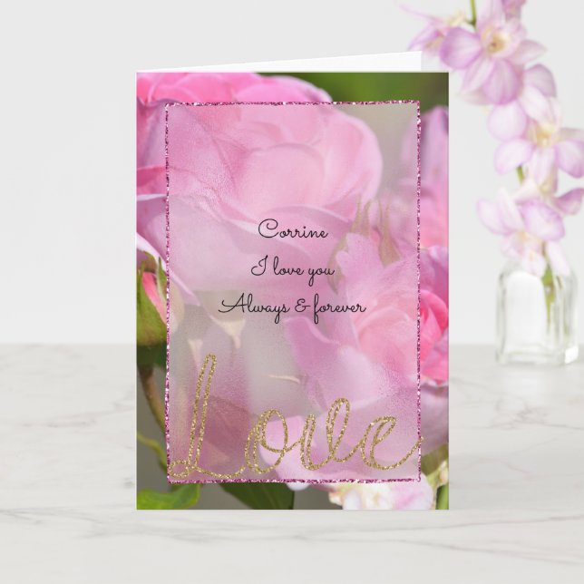 Carte Roses roses dorées paillettes Amour (Orchidée)
