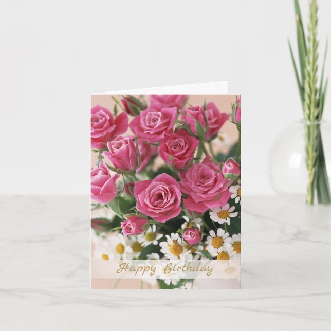 Carte Roses roses roses et marguerite blanche Anniversai (Devant)