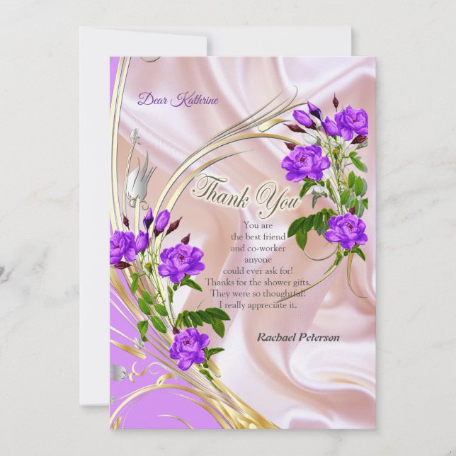 Carte Roses violets d'aquarelle violette sur soie rose (Devant)