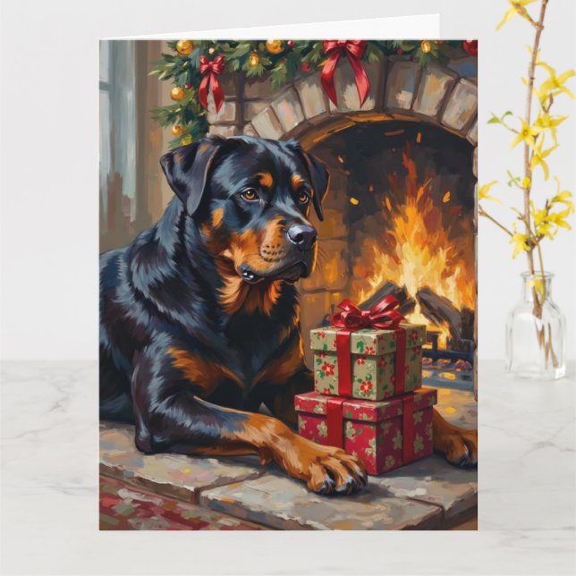 Carte Rottweiler Christmas Fireplace Guardian (Fleur jaune)