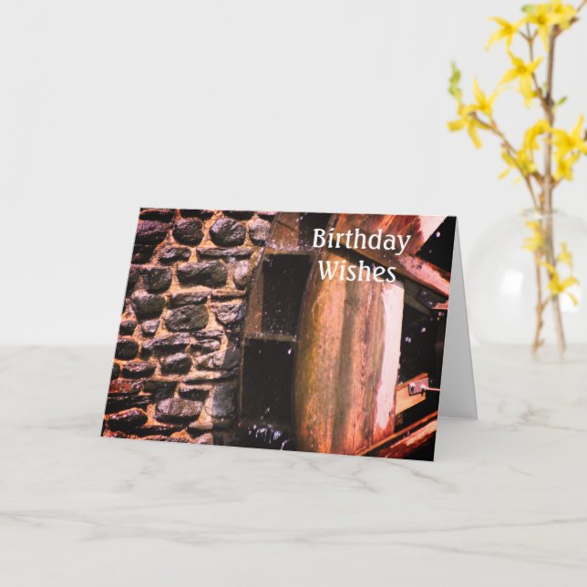 Carte Roue d'eau en bois Anniversaire (Fleur jaune)