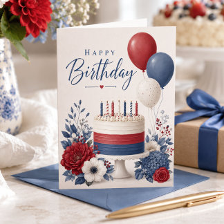 Carte Rouge Blanc Bleu Floral Été Juillet Joyeux Anniver