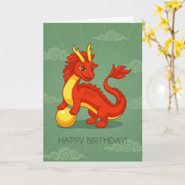 Carte Rouge chinois dragon noir anniversaire (Fleur jaune)