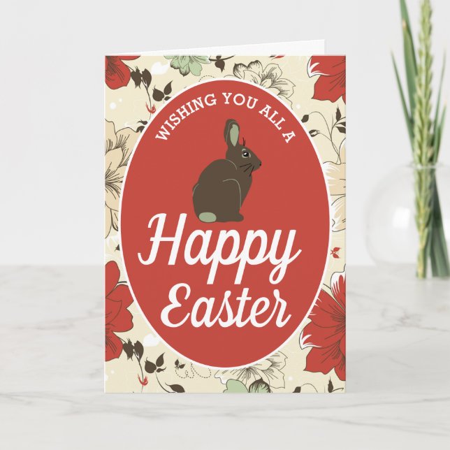 Carte Rouge & Crème Lapin Floral Oeuf de Pâques, Pâques (Devant)