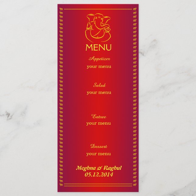 Carte rouge de menu de mariage indien élégant de (Devant)