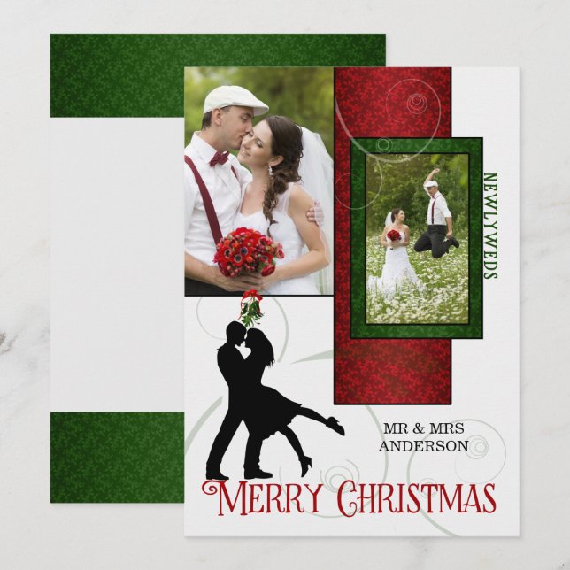 Carte Rouge et vert Nouveaux mariés 1er Noël 2 Photo (Devant / Derrière)