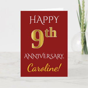 Carte Rouge, Faux Gold 9e anniversaire Mariage + Nom
