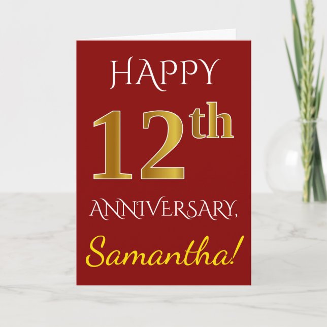 Carte Rouge, Faux Or 12e Anniversaire de Mariage + Nom (Devant)