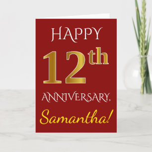 Carte Rouge, Faux Or 12e Anniversaire de Mariage + Nom