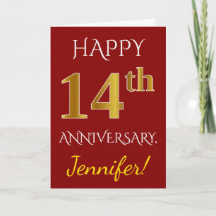 Carte Rouge, Faux Or 14e Anniversaire de Mariage + Nom