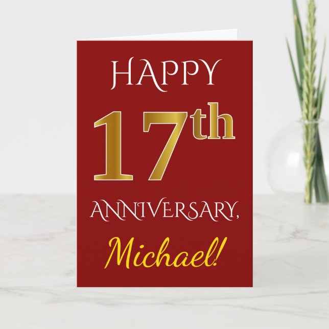 Carte Rouge, Faux Or 17e Anniversaire de Mariage + Nom (Devant)