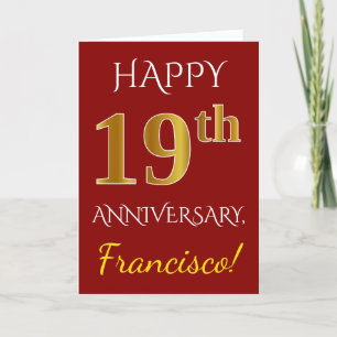Carte Rouge, Faux Or 19e Anniversaire De Mariage + Nom