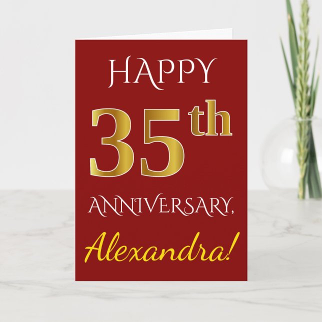 Carte Rouge, Faux Or 35e Anniversaire de Mariage + Nom (Devant)