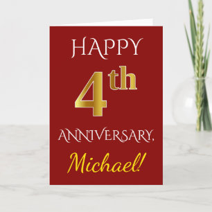 Carte Rouge, Faux Or 4ème Anniversaire De Mariage + Nom