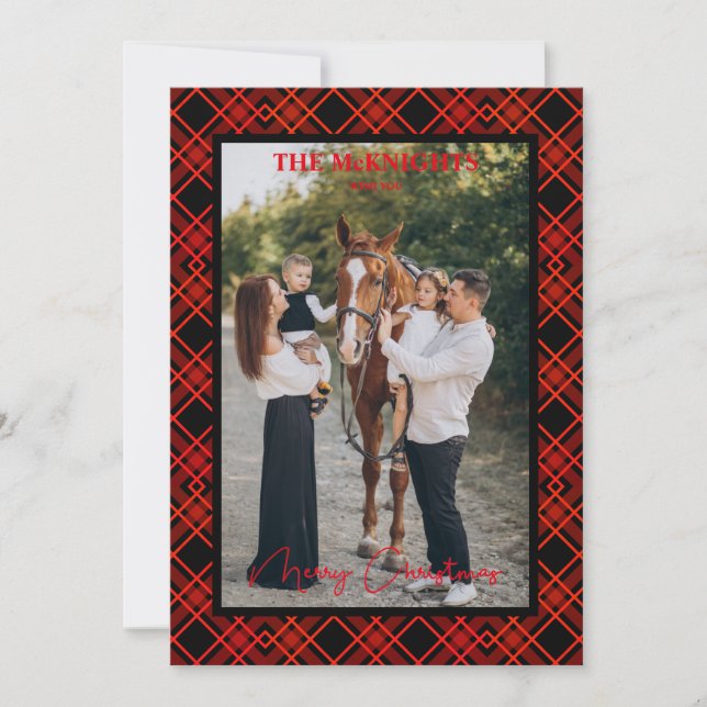 Carte Rouge Joyeux Noël Tartan Plaid Photo Famille (Devant)