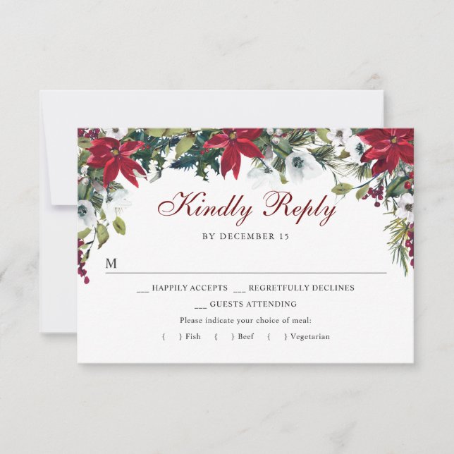 Carte rouge Poinsettia Floral RSVP avec choix de r (Devant)
