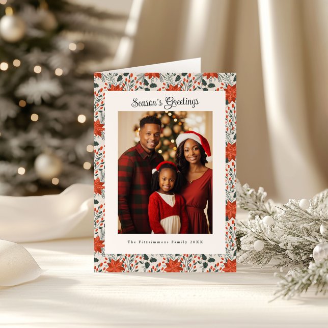 Carte Rouge traditionnel et vert Poinsettia Photo Noël (Poinsettia Season Folded Christmas Card white)