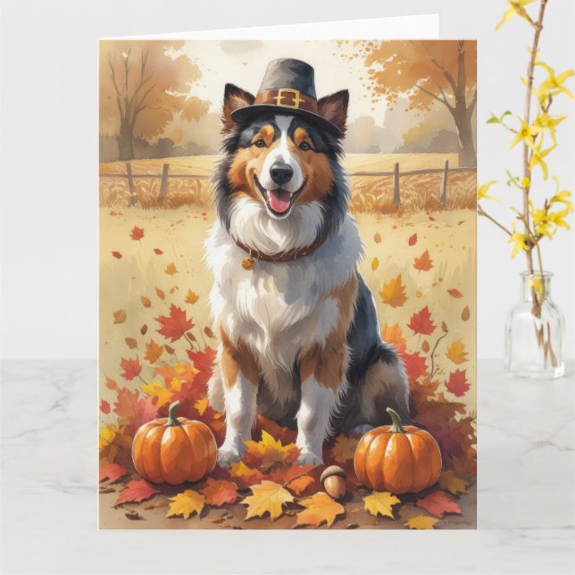 Carte Rough Collie À L'Automne Feuilles Thanksgiving Art (Fleur jaune)