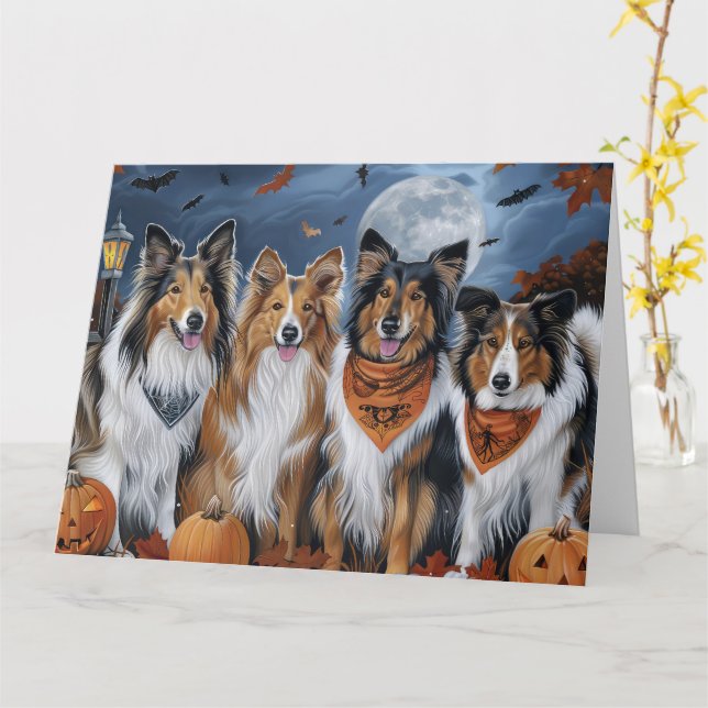 Carte Rough Collie Halloween Éffrayant (Fleur jaune)