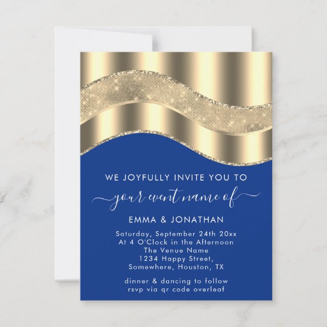 Carte Royal Blue Faux Gold Bordure Vague QR Code Mariage (Devant)