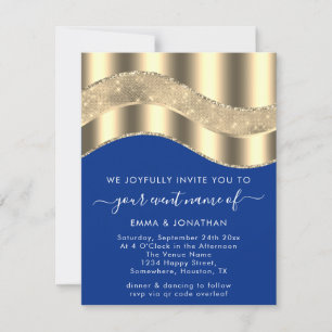 Carte Royal Blue Faux Gold Bordure Vague QR Code Mariage