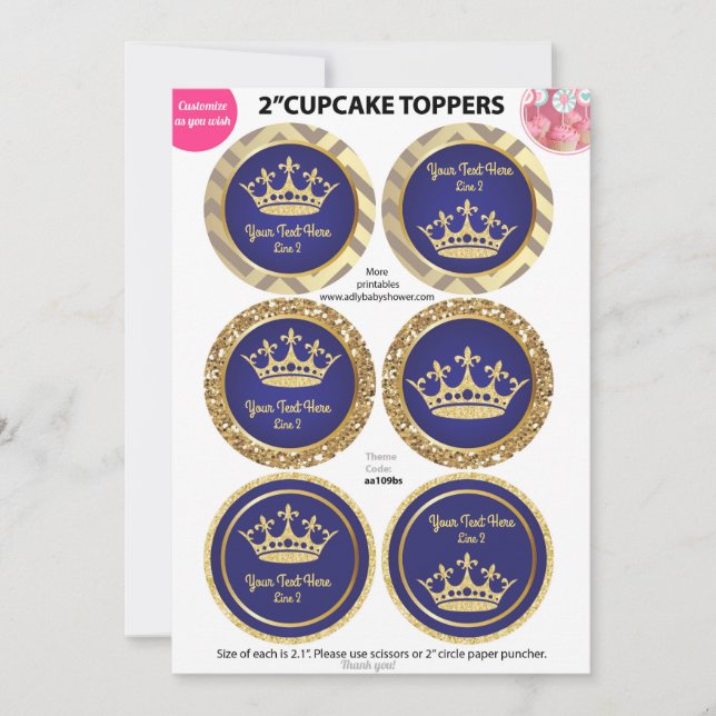 Carte Royal Blue Gold Prince, King Cupcake Toppers (Devant)