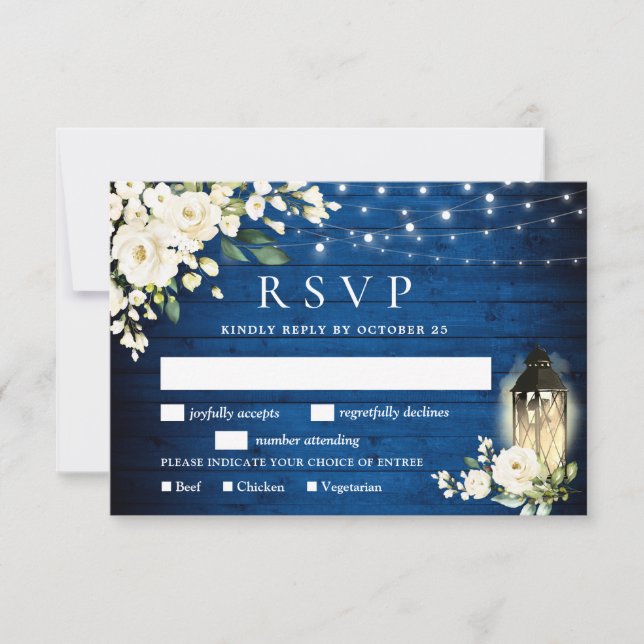Carte Royal Blue White Roses RSVP avec choix de re (Devant)