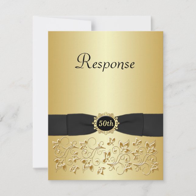 Carte RSVP 50th Floral noir et or (Devant)