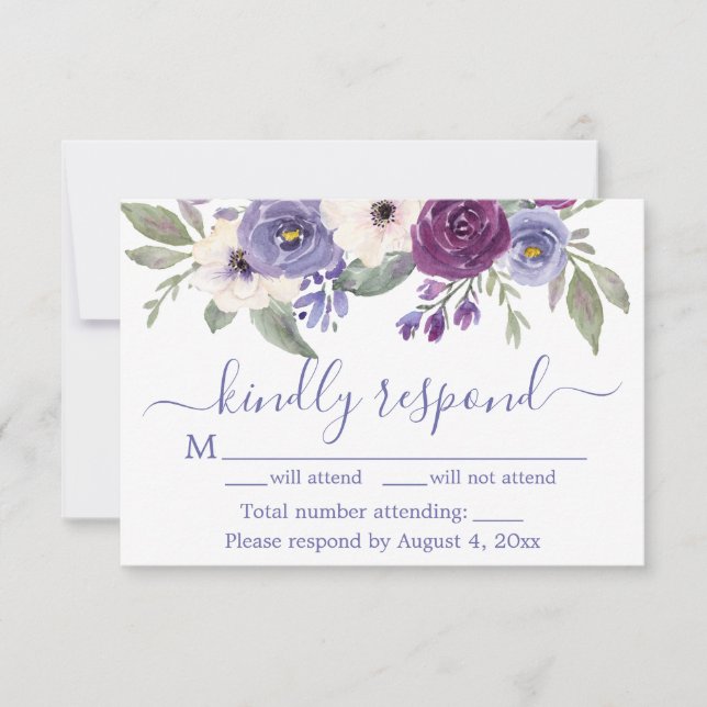 Carte RSVP à Faire-part de mariage florale violet (Devant)