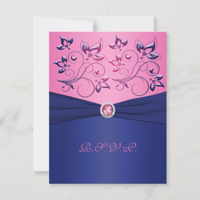 Carte RSVP à fleurs roses IMPRIMÉE RIBBON Navy (Devant)