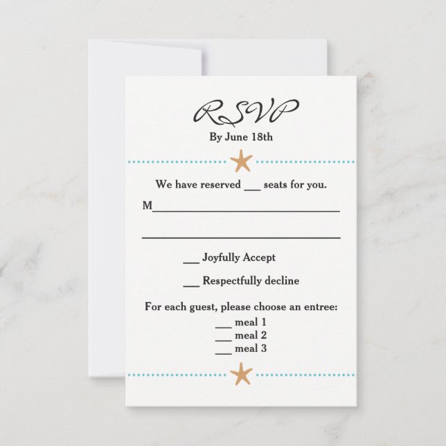 Carte RSVP à thème plage avec accents Starfish (Devant)