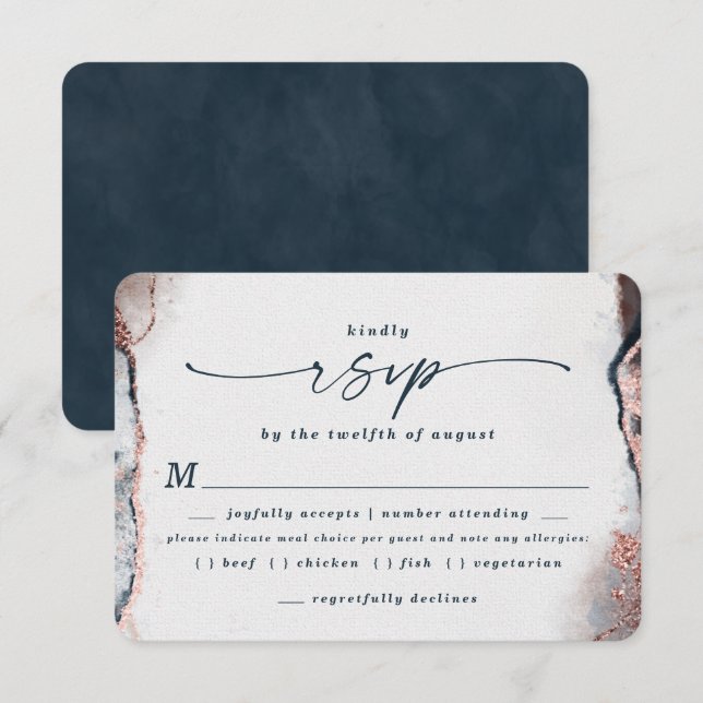 Carte RSVP Abstrait Navy Blue Mariage Meal Choice (Devant / Derrière)