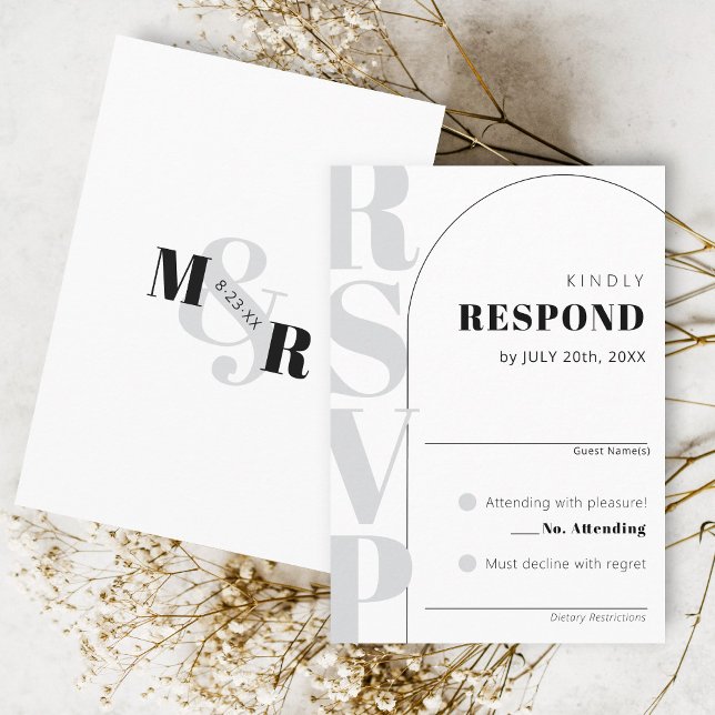 Carte RSVP Ampersand Modern White Arch Wedding (Classy arch matching modern wedding invitation RSVP card, ampersand monogram black and white)