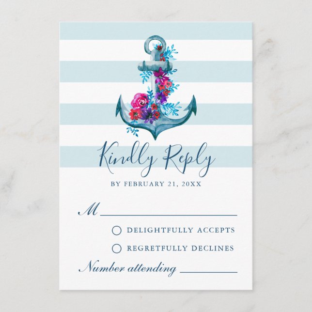 Carte RSVP Ancre d'aquarelle bleu marine (Devant)