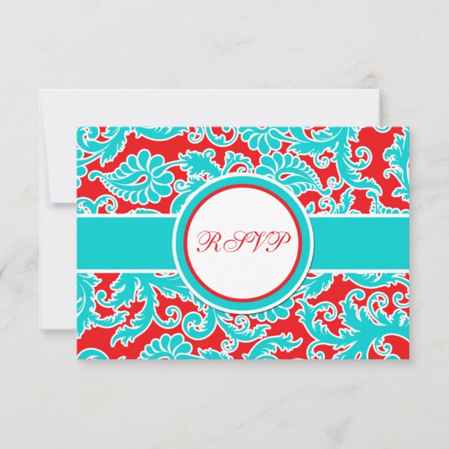 Carte RSVP Aqua Bleu, Rouge, Blanc Damas (Devant)