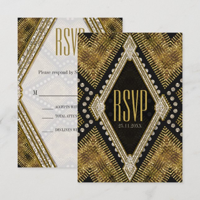 Carte RSVP Art Déco Géométrique Or Noir (Devant / Derrière)