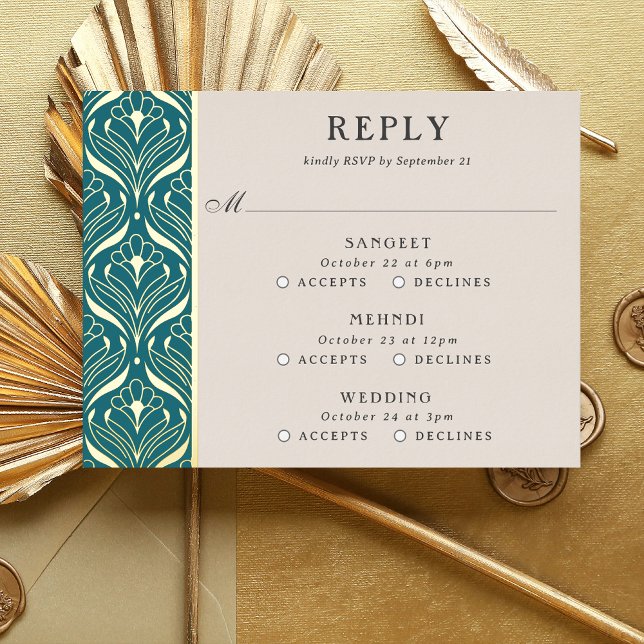 Carte RSVP Art Deco Gold Floral Mariage multi-évén (multi event RSVP card, indian wedding invitation response card, hindu wedding reply card enclosure)