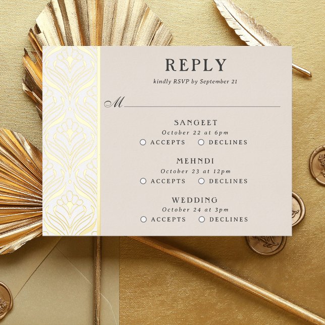 Carte RSVP Art Deco Gold Floral Mariage multi-évén (multi event RSVP card, indian wedding invitation response card, hindu wedding reply card enclosure)