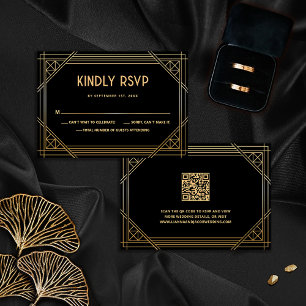 Carte RSVP Art Déco Mariage noir et or QR Code
