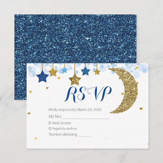 Carte RSVP Baby shower Marine Blue Gold Moon (Devant / Derrière)