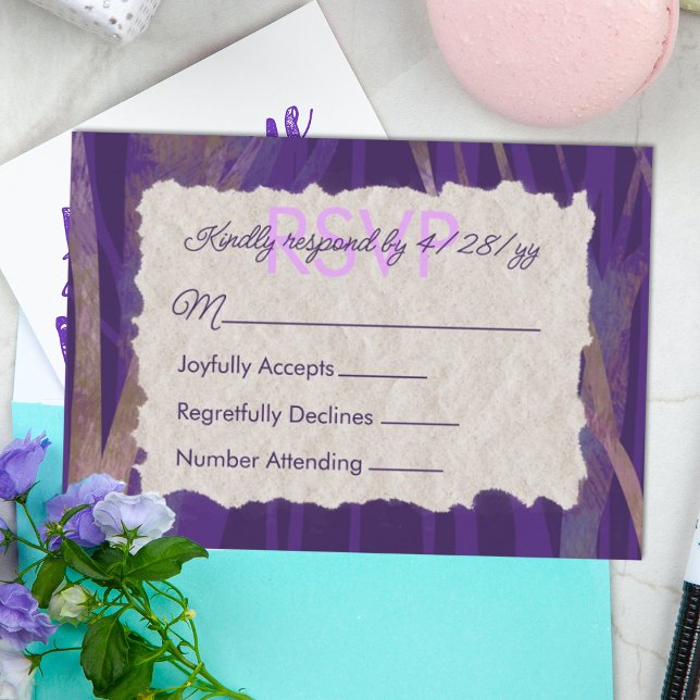 Carte RSVP Bat mitzvah de forêt de nuit violet (purple bat mitzvah rsvp card, trees forest, purple frame)