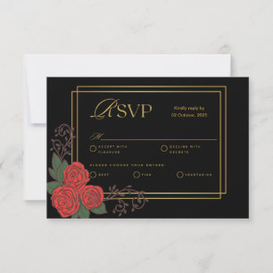 Carte RSVP Black Gold Red Rose Floral Wedding